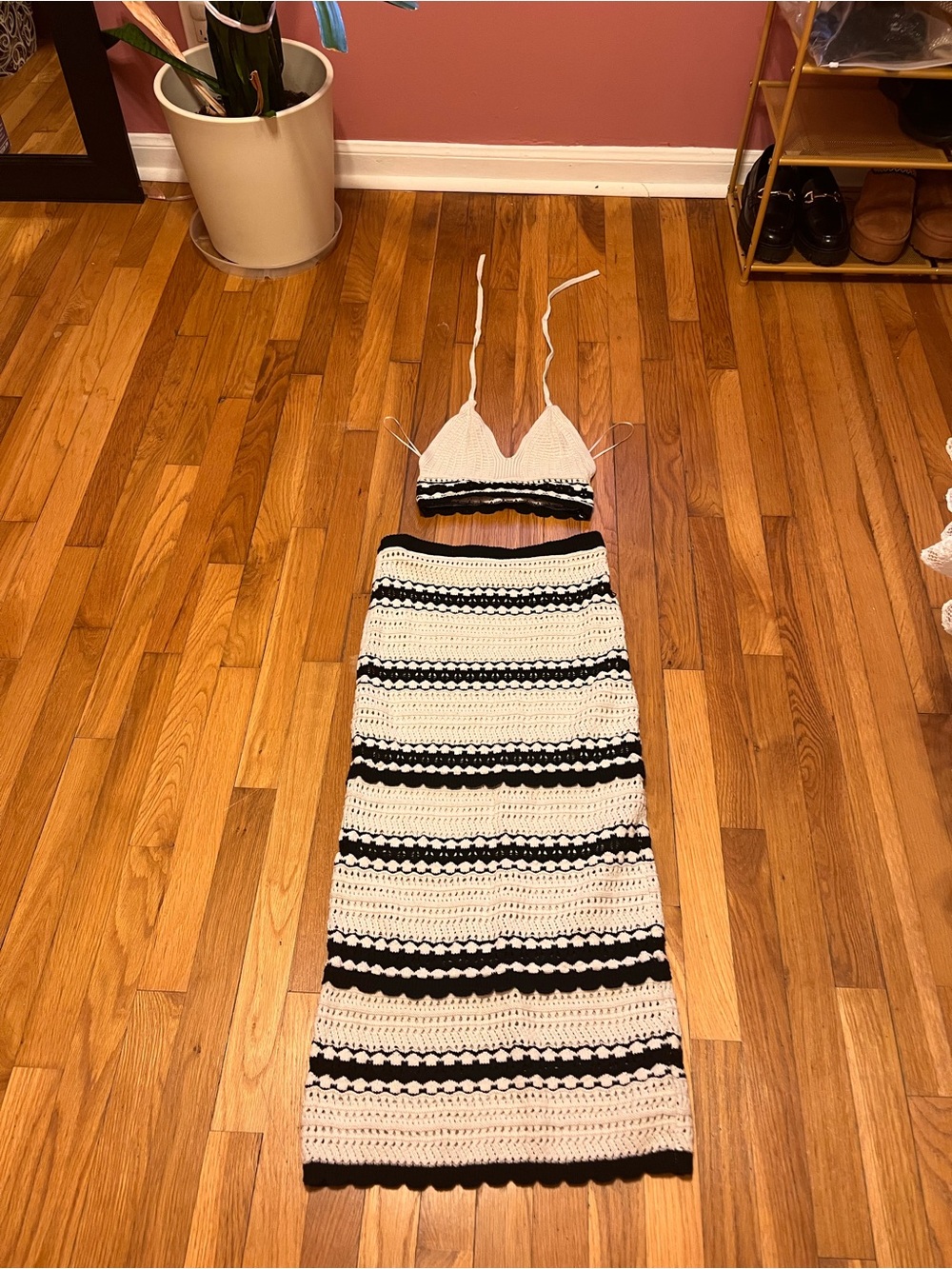 Cream and Black Crochet Maxi Skirt - Women